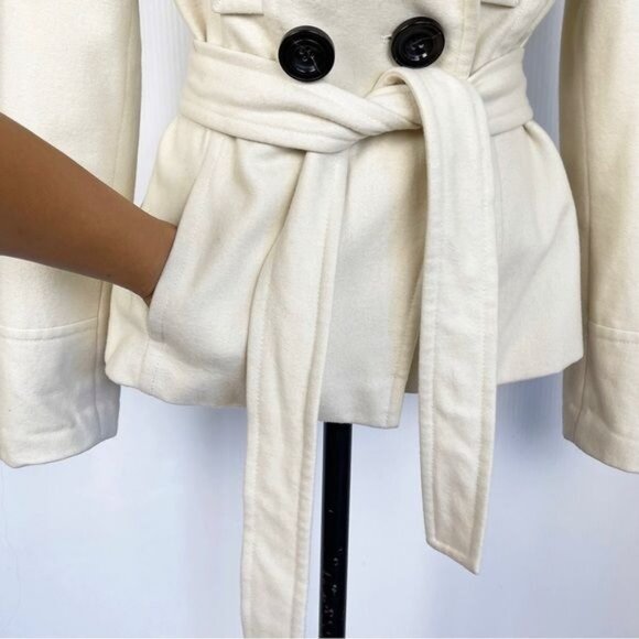 ZARA ivory Wool blend Trench Coat With black buttons, belt and pockets Small - Picture 6 of 12